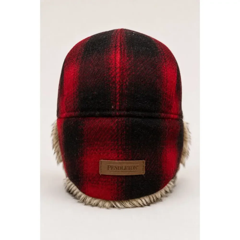 Pendleton Buffalo Plaid Wool Trapper Hat Faux Fur Leather Red Black L/G